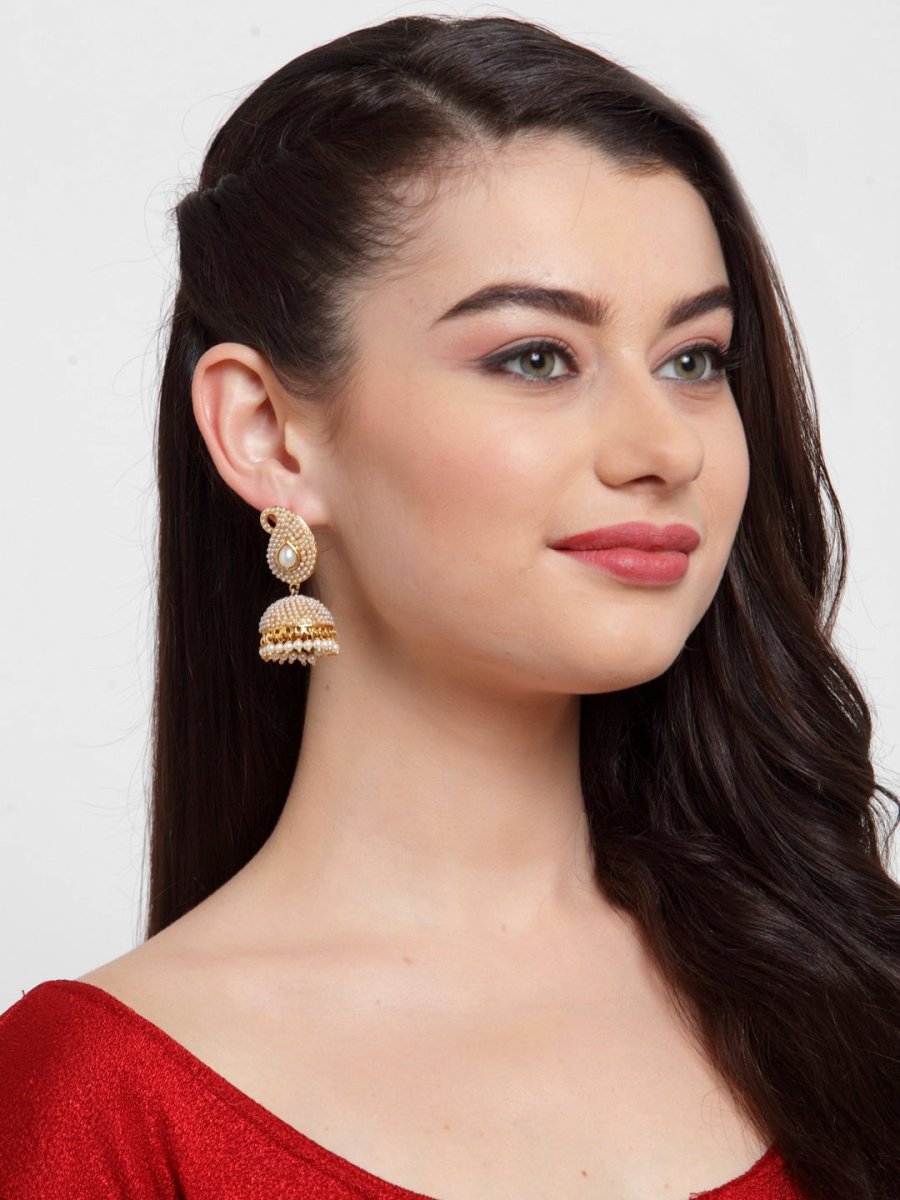 Anikas Creation Off-White & Gold-Polished Contemporary Jhumkas  Grab2Buy Anikas Creation Grab2Buy