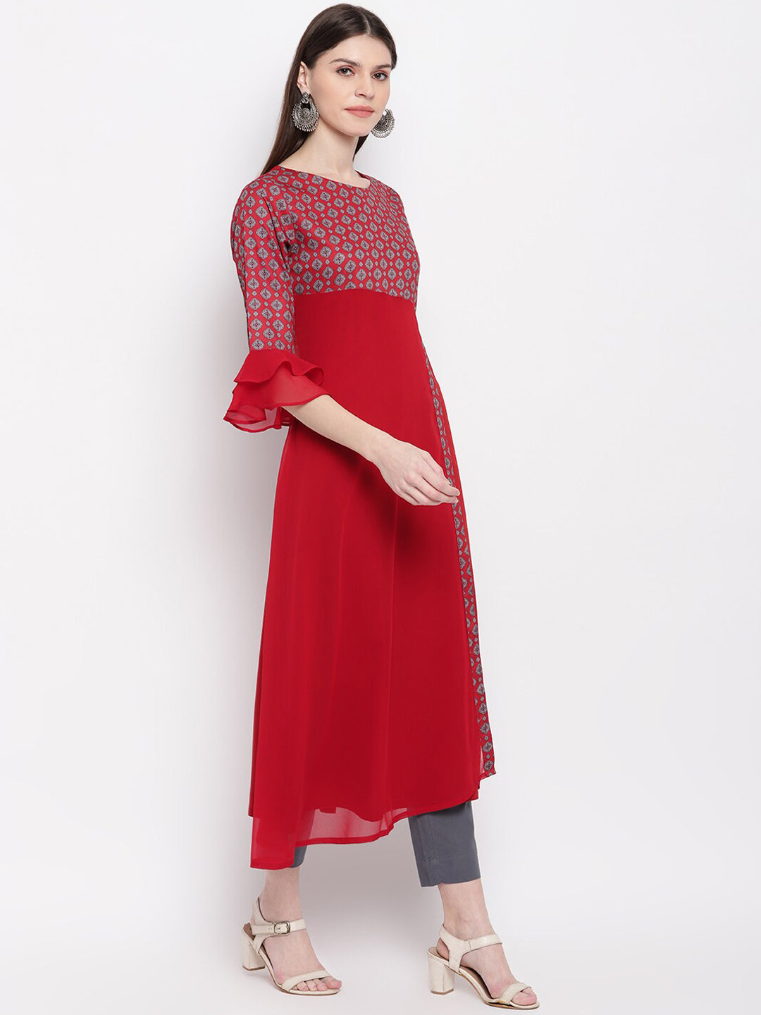 Janasya Women Maroon & White Yoke Design A-Line Kurta