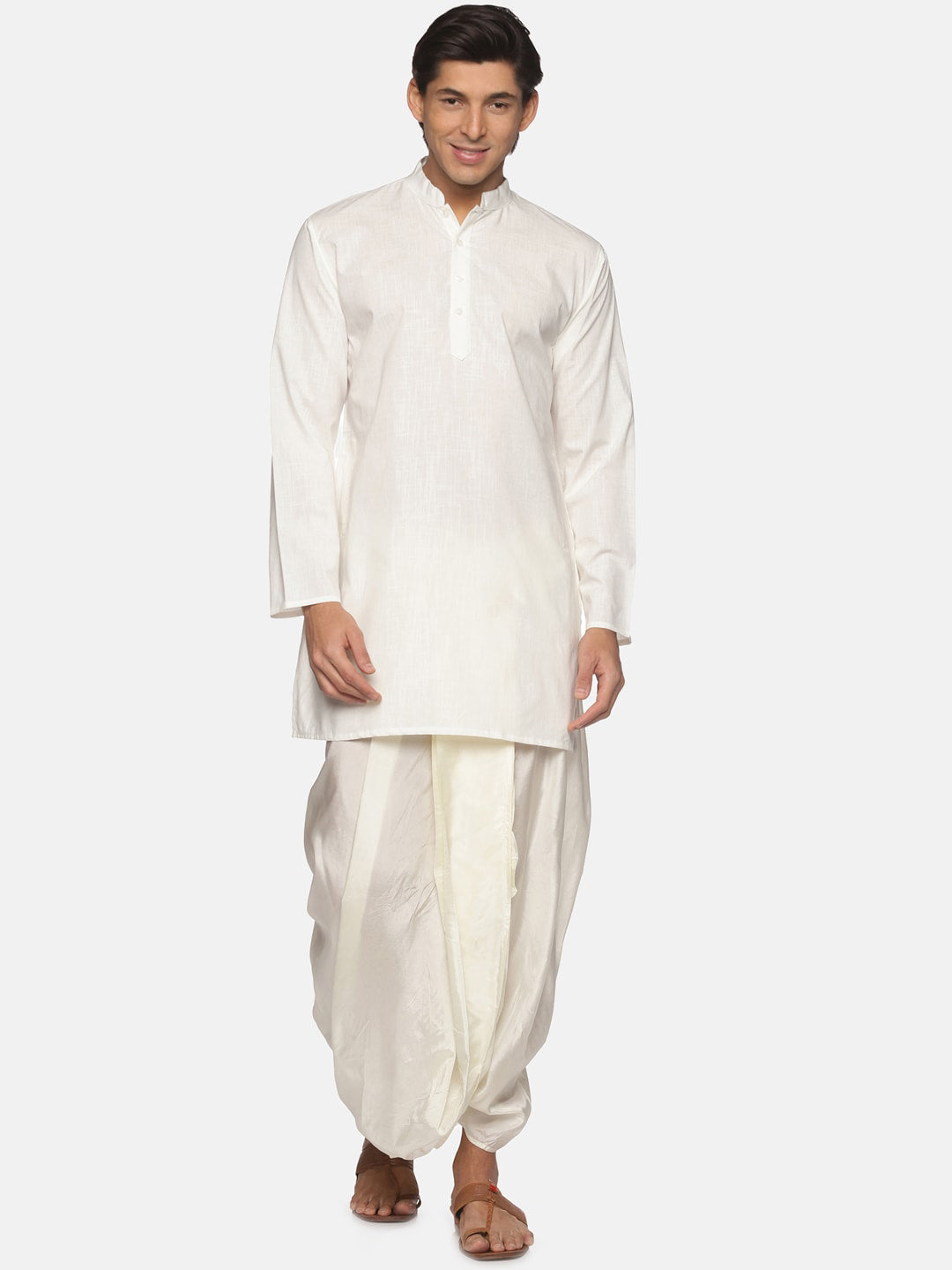 Sethukrishna Men Cream-Coloured Striped Pure Cotton Kurta with Dhoti Pants