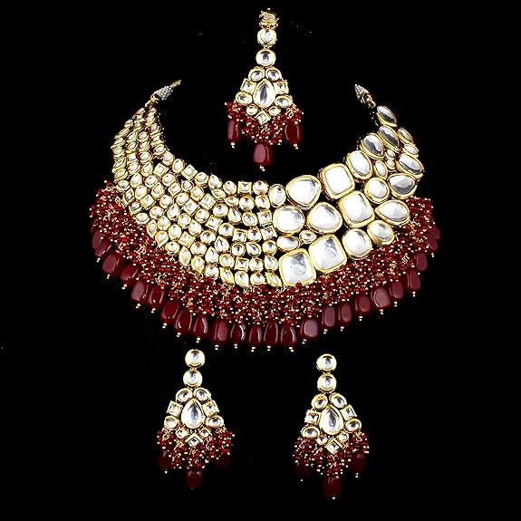 Tehzeeb Creations Meenakari Gold-Polished Maroon color Uncut dibbi Kundan Combo Necklace Set Tehzeeb Creations