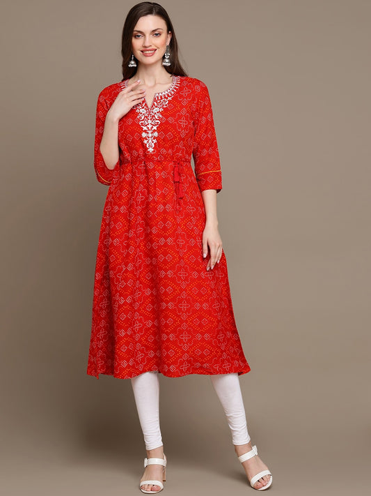 HERE&NOW Embroidered & Bandhani Printed Thread Work Anarkali Kurta