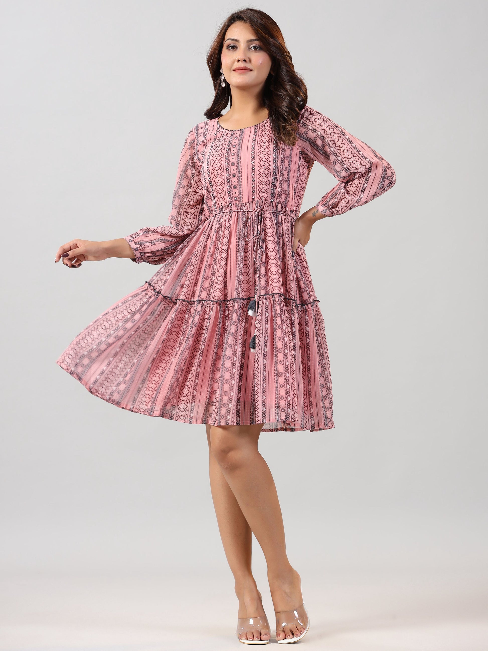 Juniper Women Peach Georgette Printed Short Tiered Dress