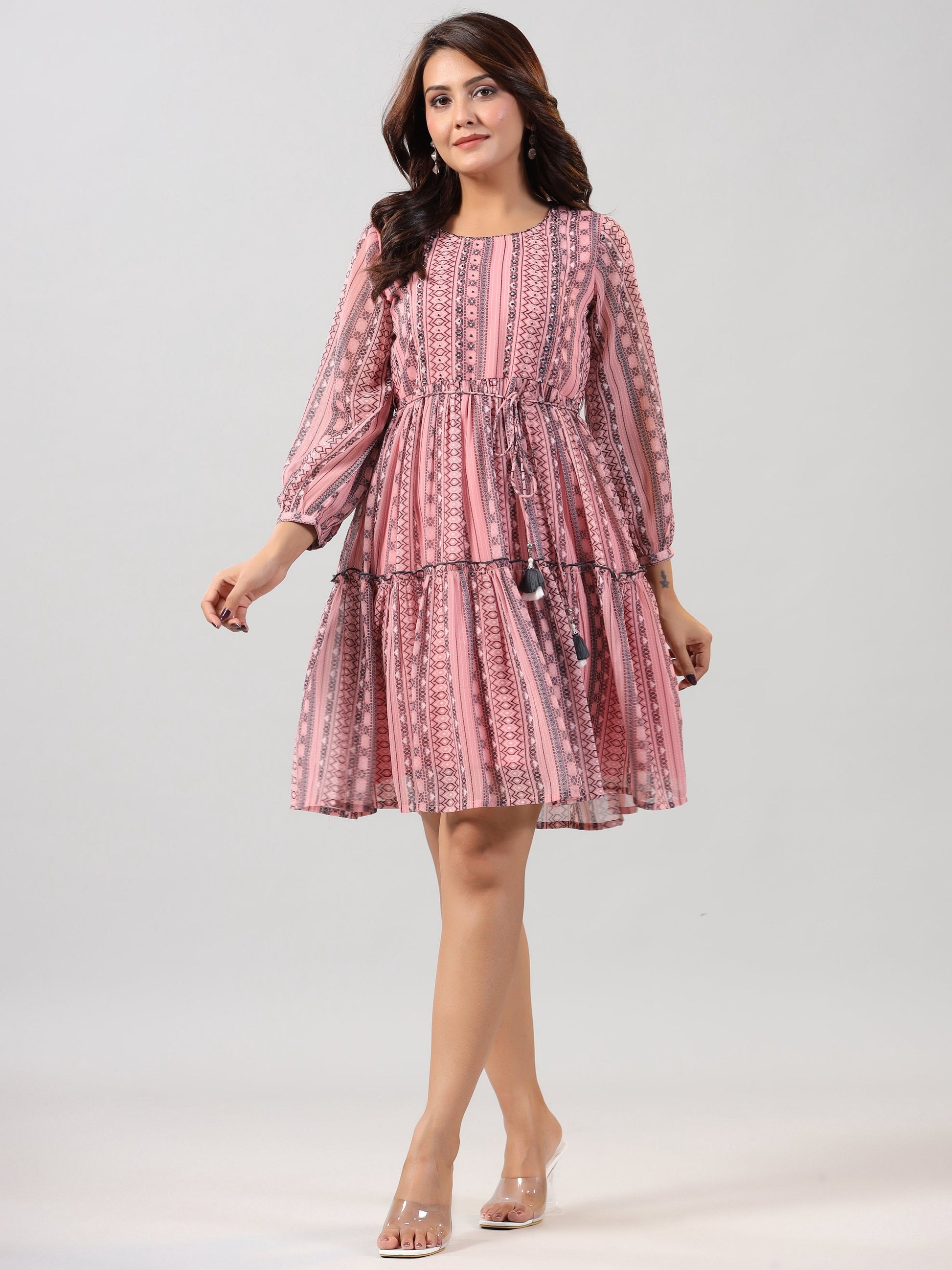 Juniper Women Peach Georgette Printed Short Tiered Dress