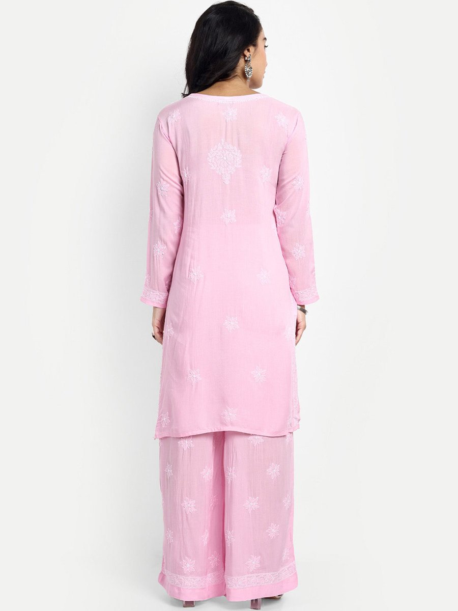 ADA Floral Embroidered Round Neck Long Sleeve Regular Chikankari Kurta With Palazzos 