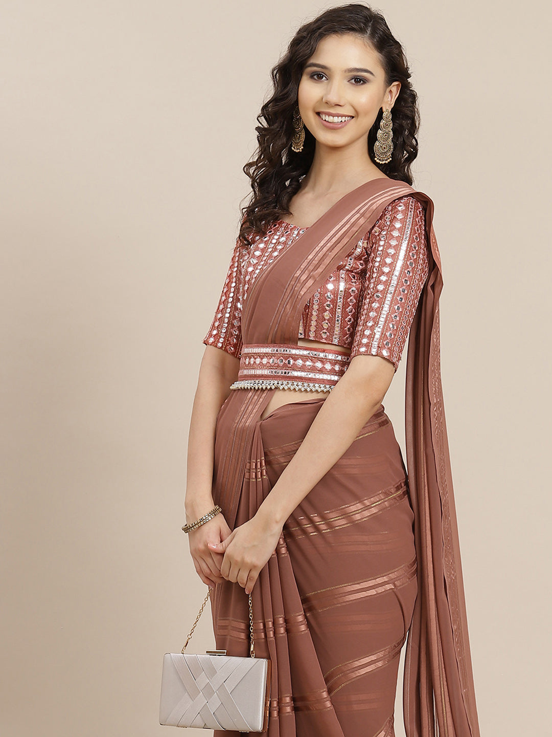 Saree Mall Brown Striped Mirror Work Saree
