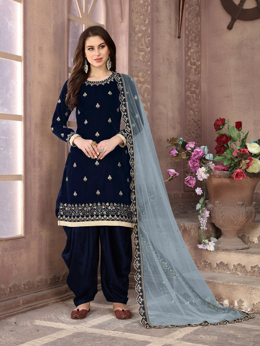 Monjolika Fashion Stunning Dark Blue Color Velvet Embroidery Patiala Suit