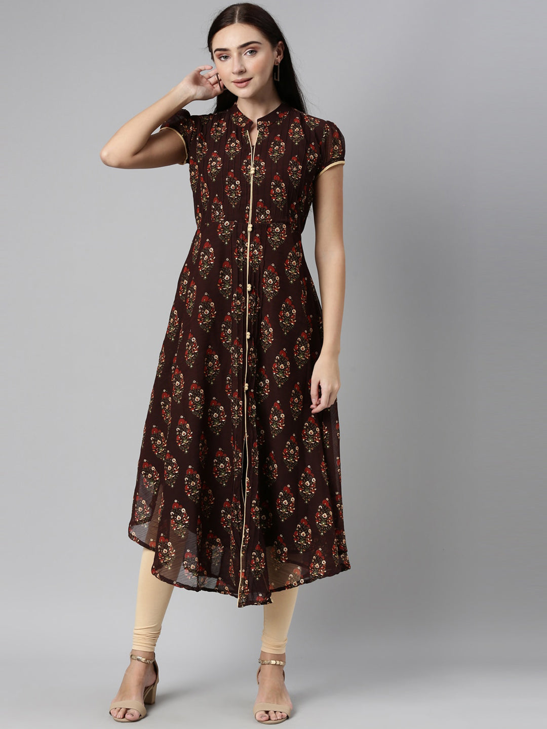 Souchii Women Brown & Red Floral Printed Block Print Kurta 