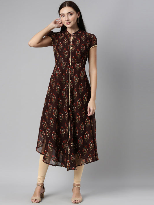 Souchii Women Brown & Red Floral Printed Block Print Kurta 