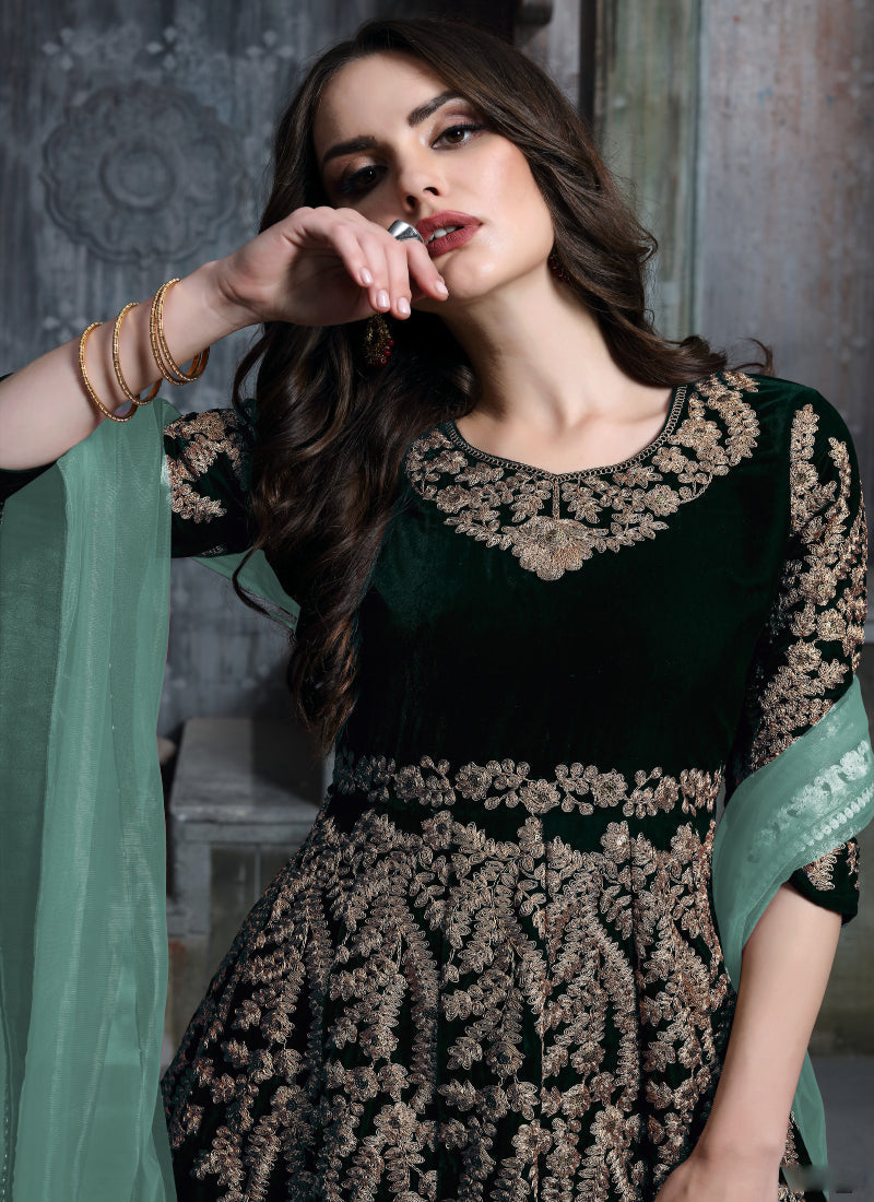 Monjolika Fashion Stunning Wine Color Velvet Embroidery Patiala Suit