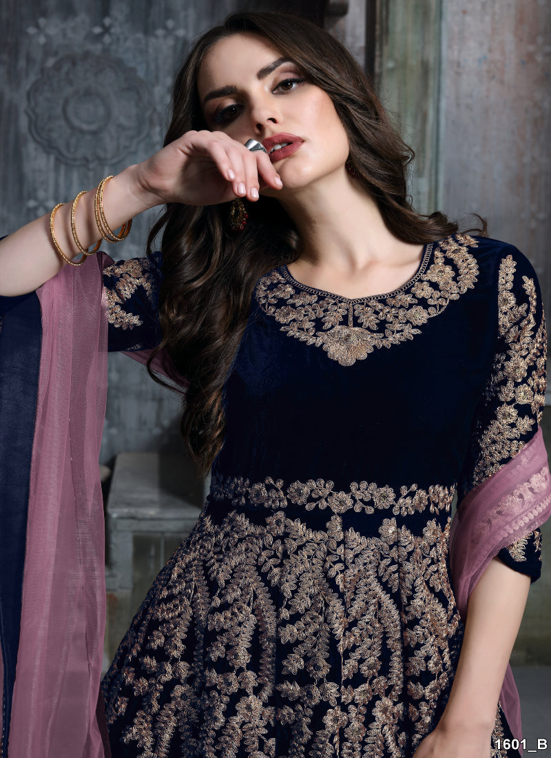 Monjolika Fashion Stunning Dark Green Color Velvet Embroidery Patiala Suit