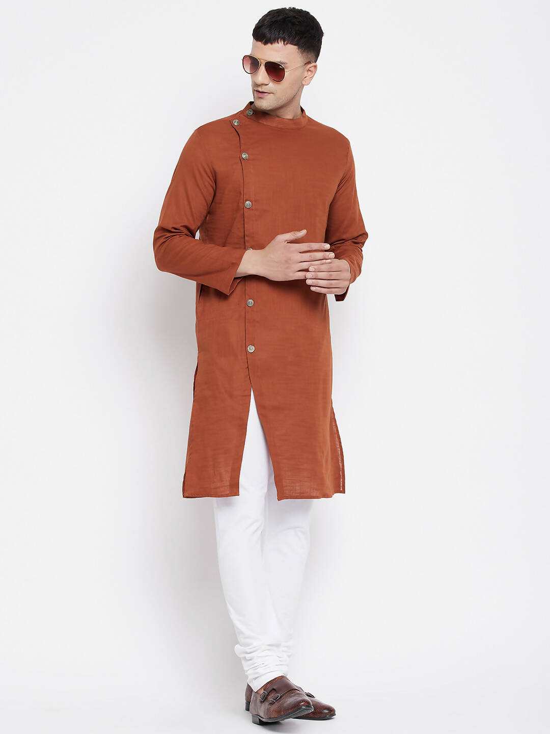 Even Apparels Brown Pure Cotton Men's Sherwani Kurta With Asymetrical Cut 
