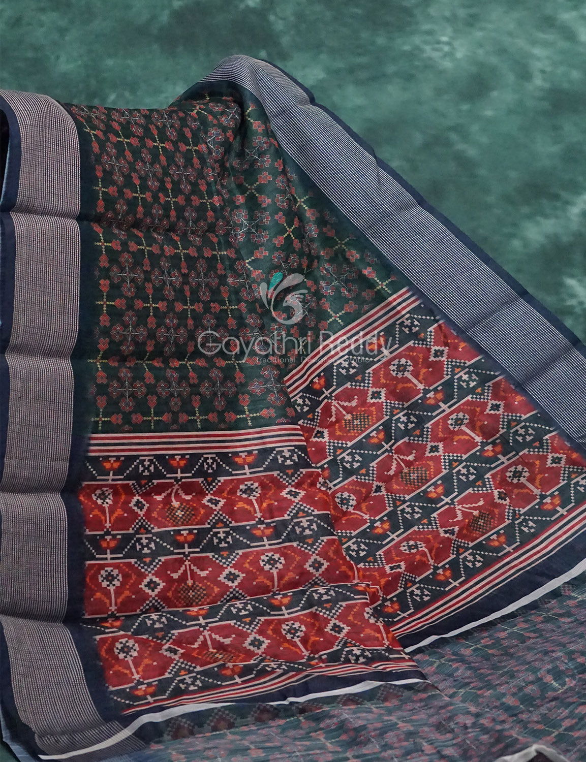 Dark Green and Navy Blue Geometrical Print Semi Chanderi Grab2Buy By Gayathri Reddy Designer Studio 