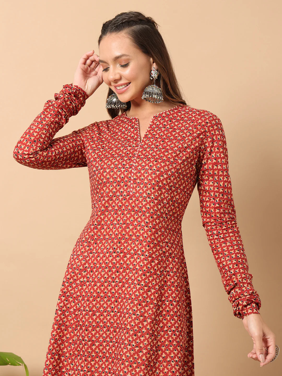 FIORRA Women's Floral Printed Red Cotton A-Line Kurta 