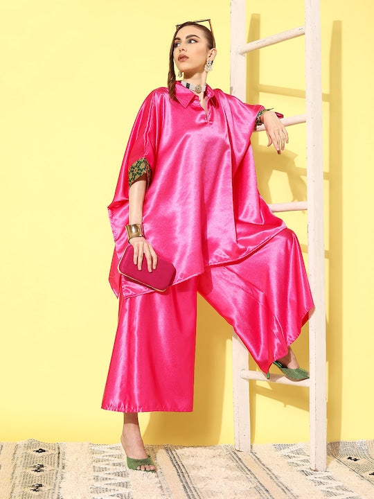 InWeave Women's Pink Green Brocade Satin Boho Kurta Palazzo Set 