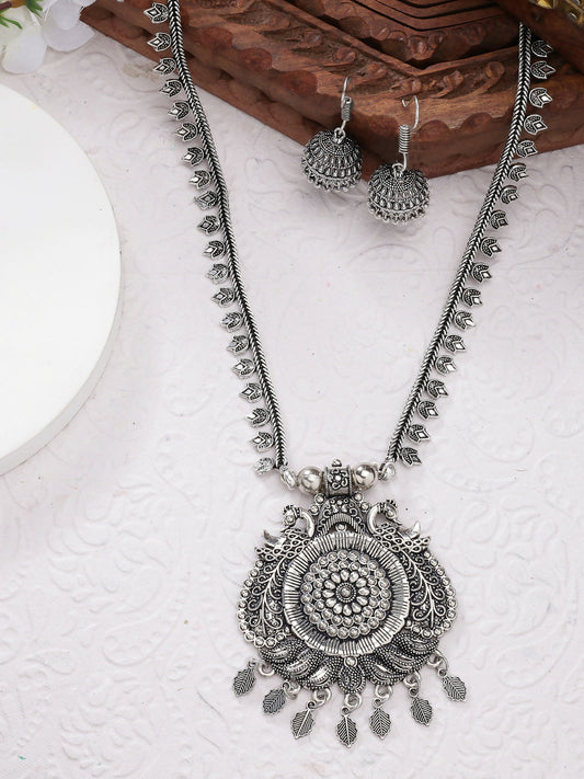 NVR Women's Silver-Toned Peacock Design Oxidized Necklace with Jhumka Earrings - Grab2buy
