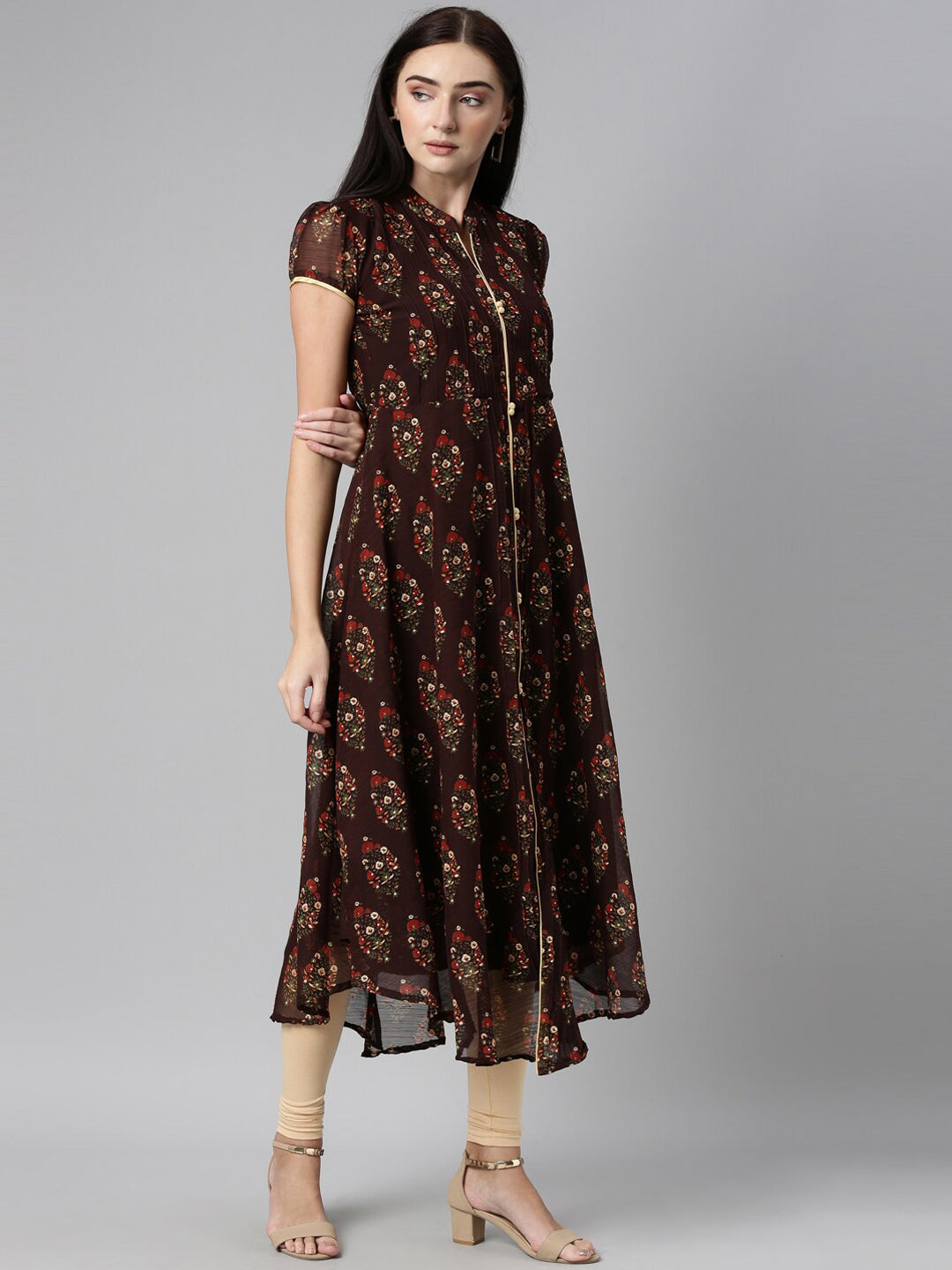 Souchii Women Brown & Red Floral Printed Block Print Kurta 