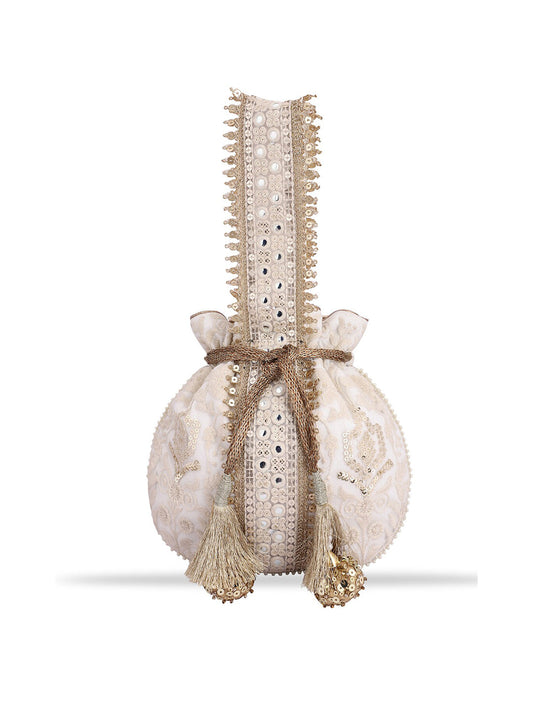 Masq Off White & Gold-Toned Embellished Embroidered Potli Clutch - Grab2buy