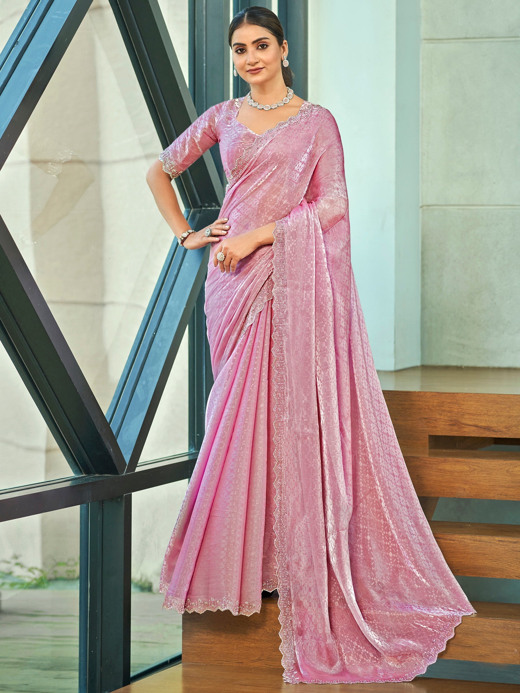 Stylee Lifestyle Pink Silk Blend Embellished Saree