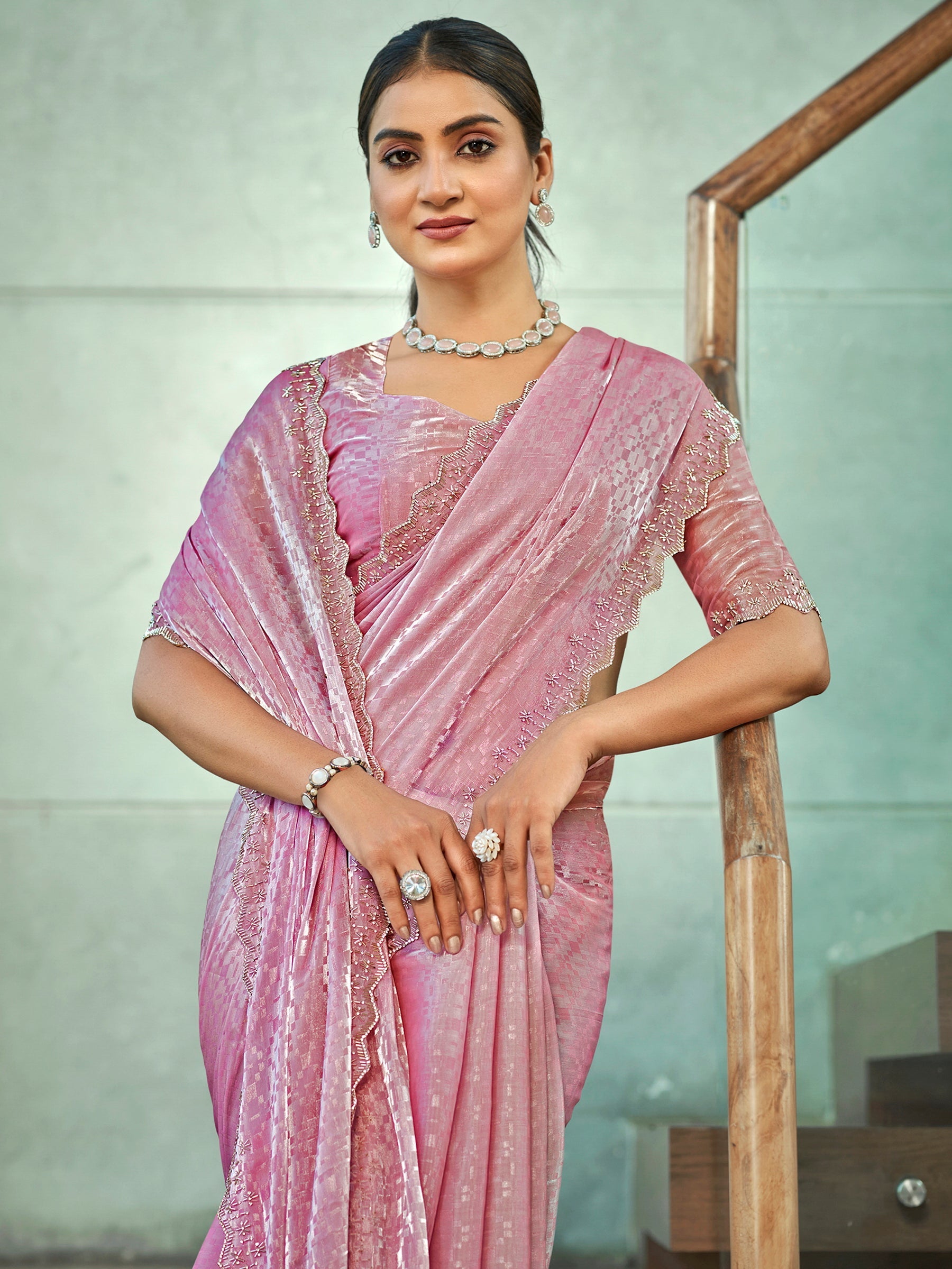Stylee Lifestyle Pink Silk Blend Embellished Saree
