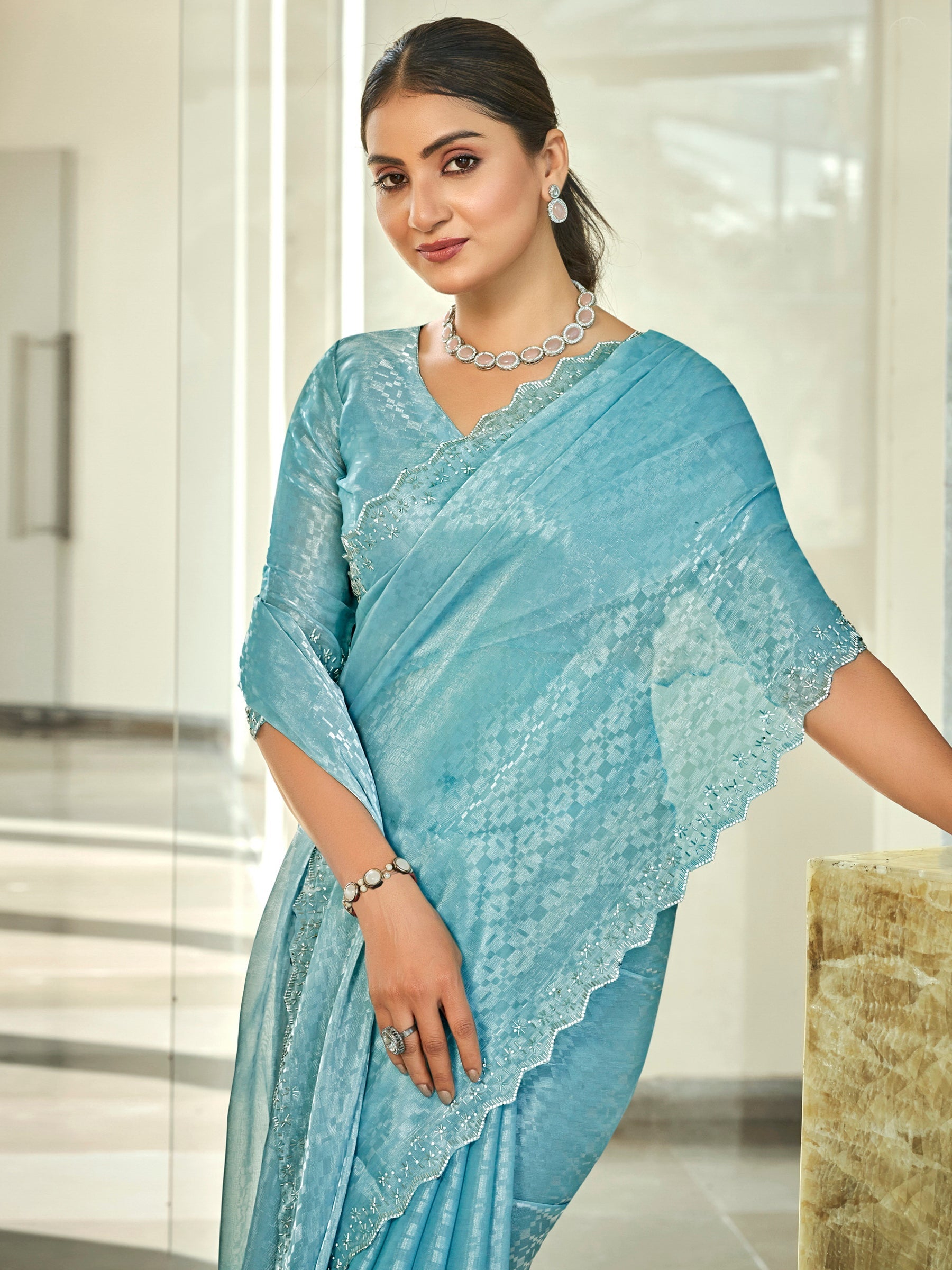Stylee Lifestyle Sky Blue Silk Blend Embellished Saree