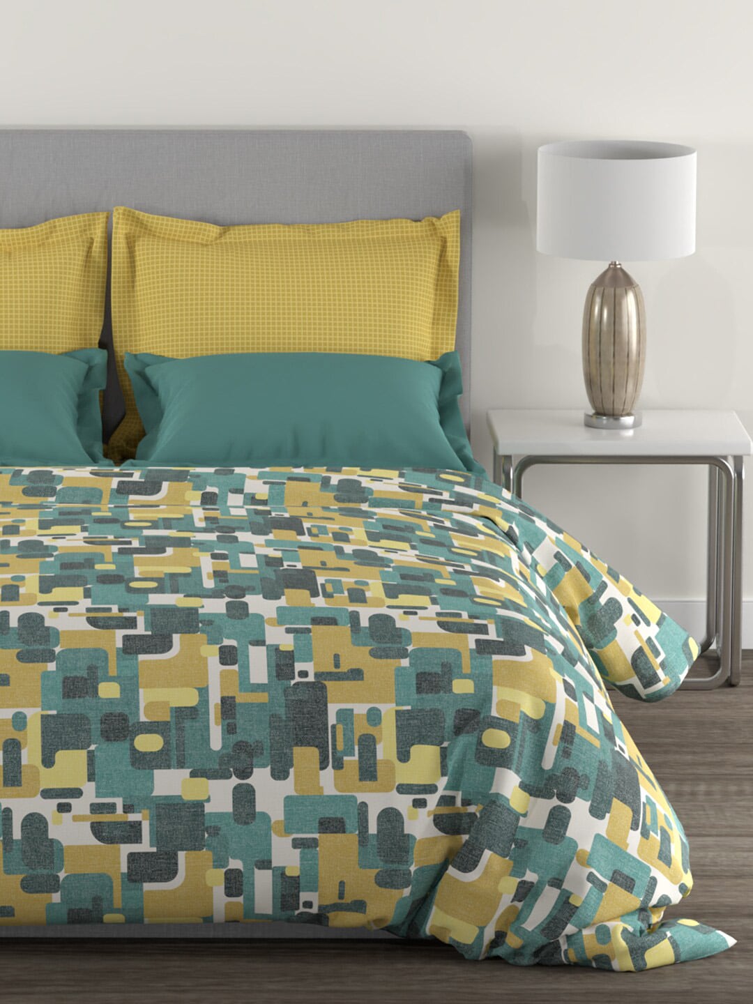 MYTRIDENT Yellow Green Printed Cotton 144 TC Queen Bedsheet With 2 Pillow Covers 