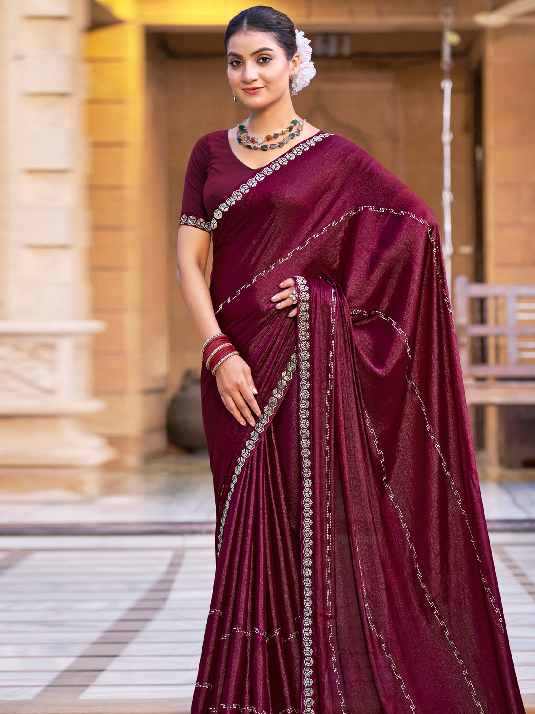 Stylee Lifestyle Maroon Shimmer Chiffon Embellished Saree