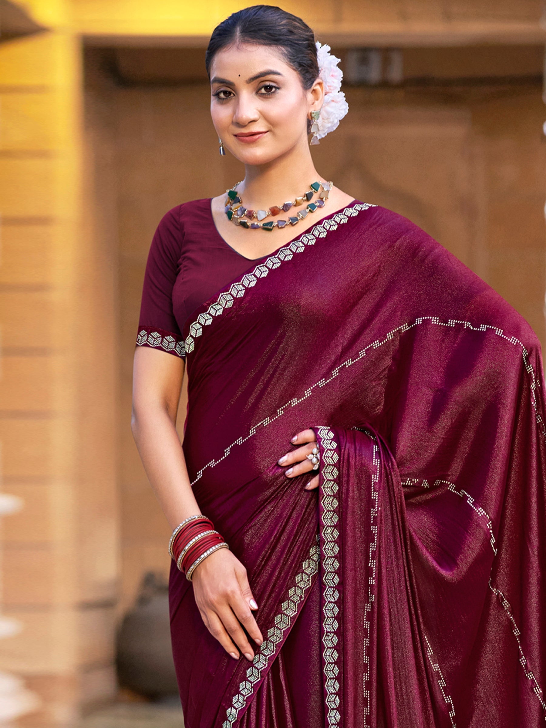 Stylee Lifestyle Maroon Shimmer Chiffon Embellished Saree
