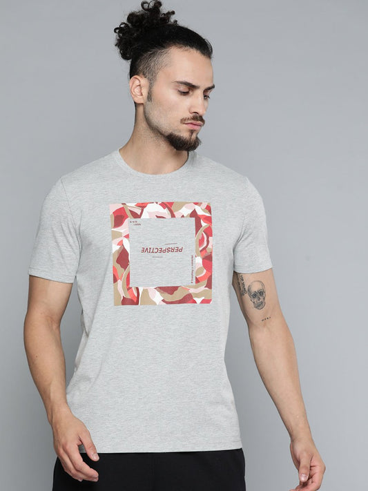 Alcis Men Grey Melange Typography Printed Slim Fit Gym T-shirt 