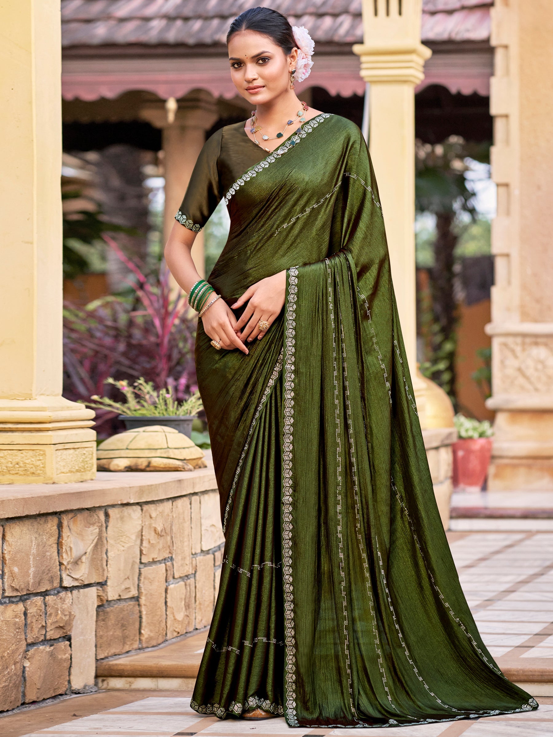 Stylee Lifestyle Olive Shimmer Chiffon Embellished Saree