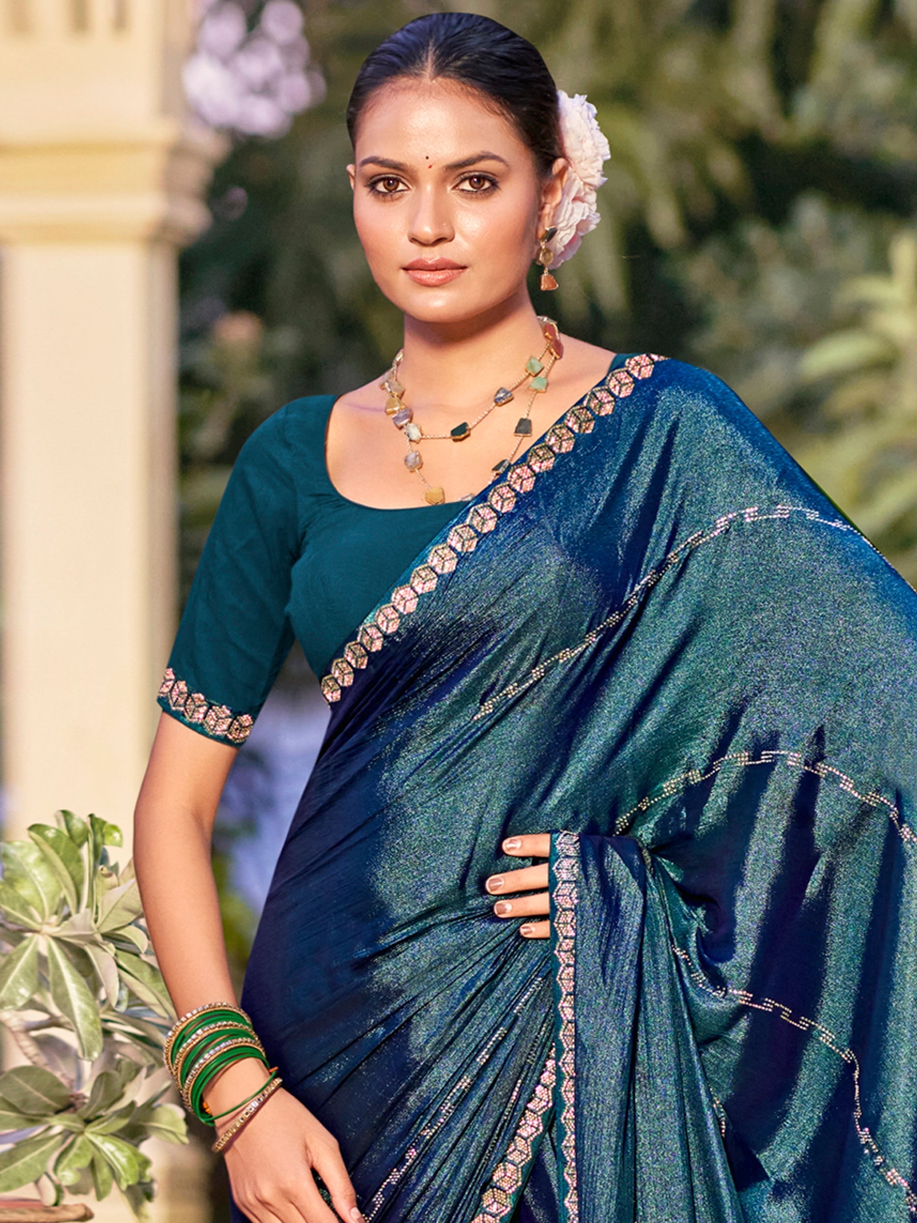 Stylee Lifestyle Teal Shimmer Chiffon Embellished Saree