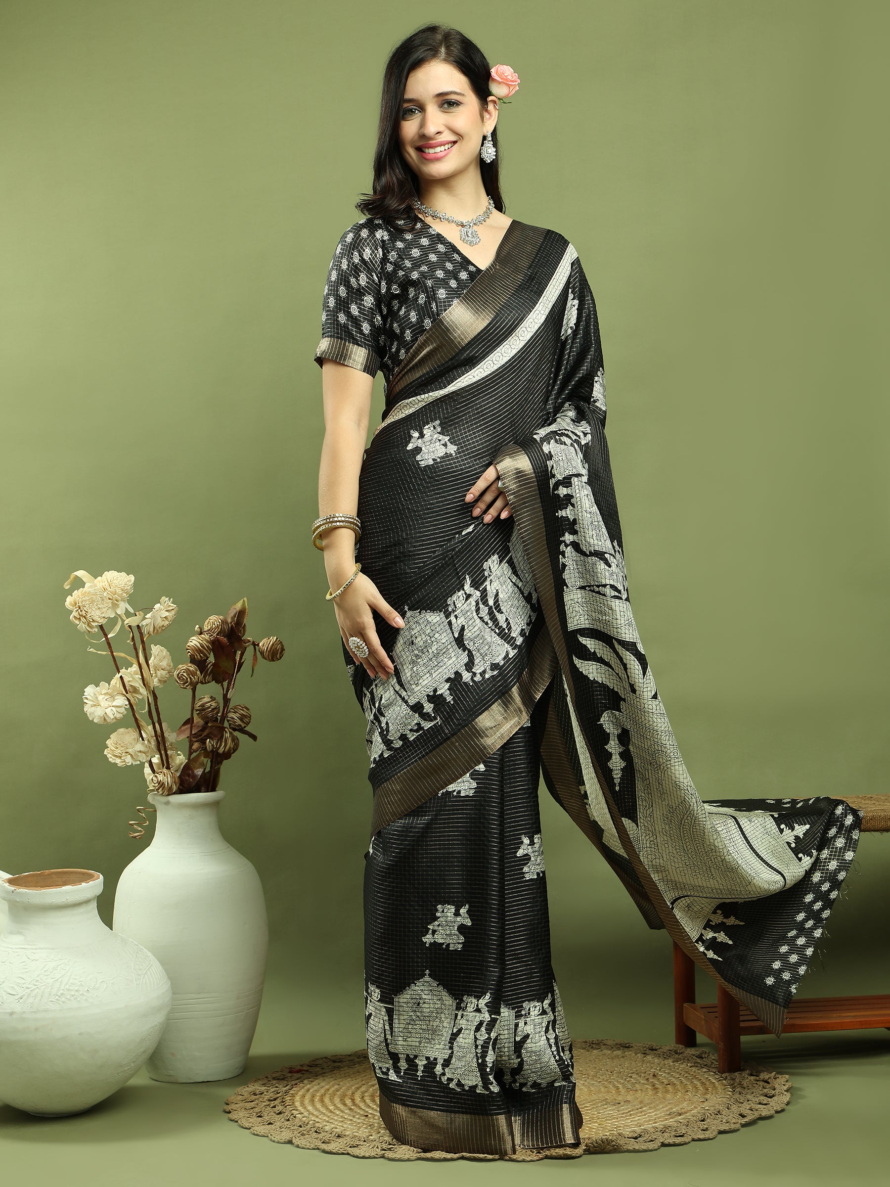 Stylee Lifestyle Black Silk Blend Zari Saree
