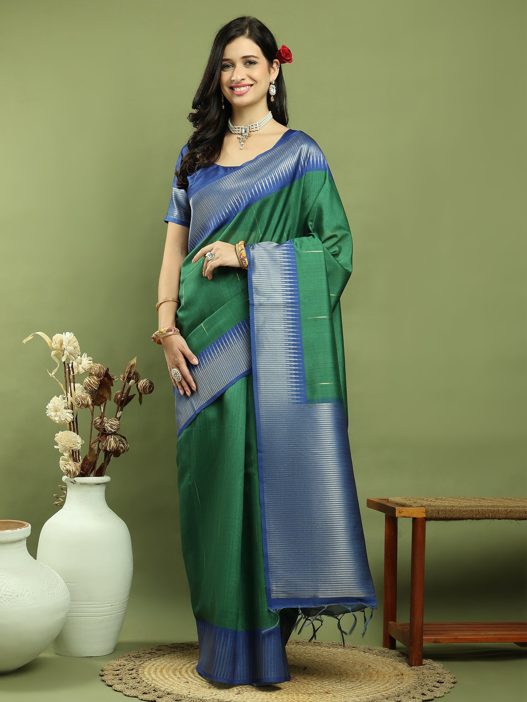 Stylee Lifestyle Green Silk Blend Zari Saree