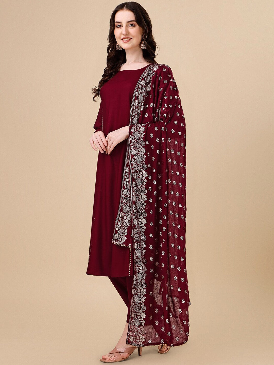 HERE&NOW Maroon & White Gotta Patti Kurta with Trousers & Dupatta