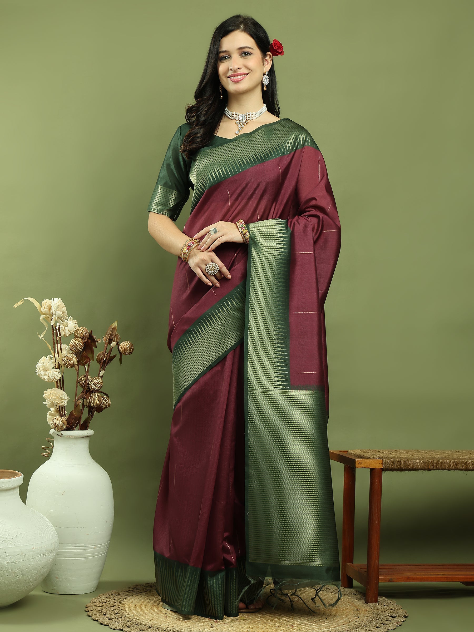 Stylee Lifestyle Burgundy Silk Blend Zari Saree