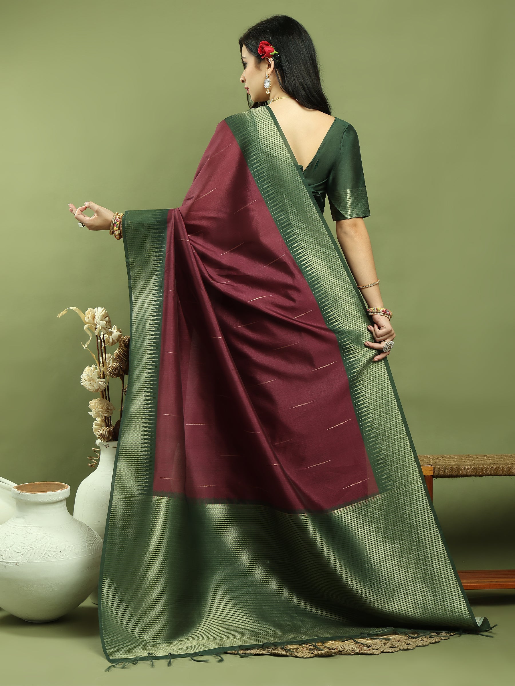 Stylee Lifestyle Burgundy Silk Blend Zari Saree