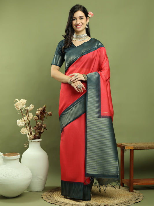 Stylee Lifestyle Red Silk Blend Zari Saree