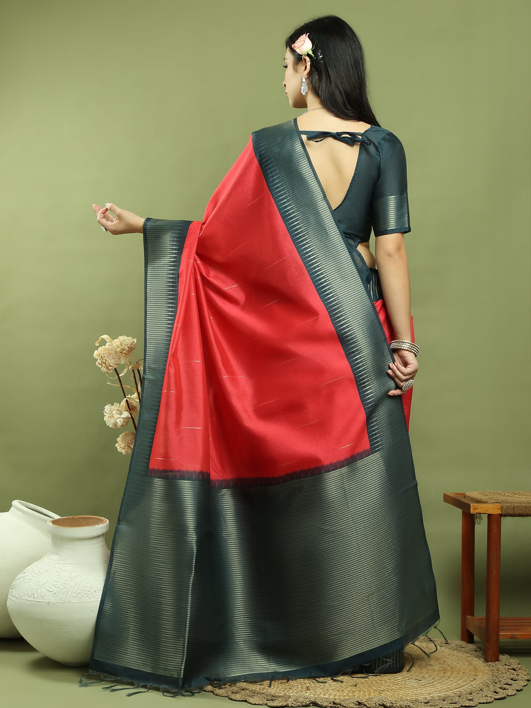 Stylee Lifestyle Red Silk Blend Zari Saree