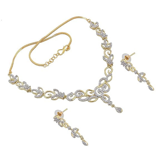 Tehzeeb Creations Gold-Polished American Diamond (AD) White Color Pendant Set for Girls & Women Tehzeeb Creations