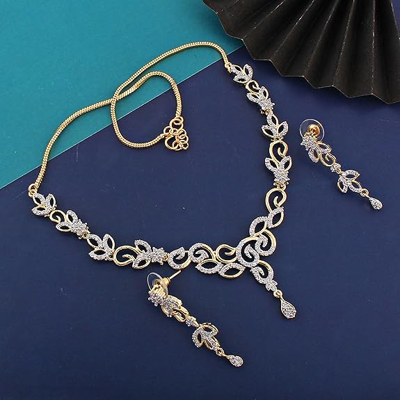 Tehzeeb Creations Gold-Polished American Diamond (AD) White Color Pendant Set for Girls & Women Tehzeeb Creations