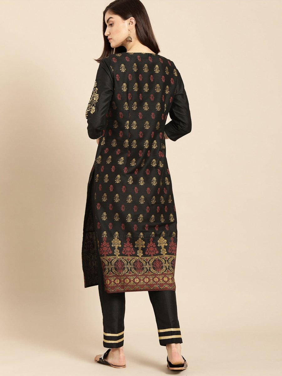 All About You Women Black & Yellow Floral Printed Regular Kurta with Trousers