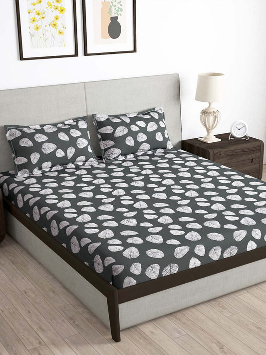 Story@home Arena Grey & White Floral Printed 180 TC Bedsheet & Pillow Covers 