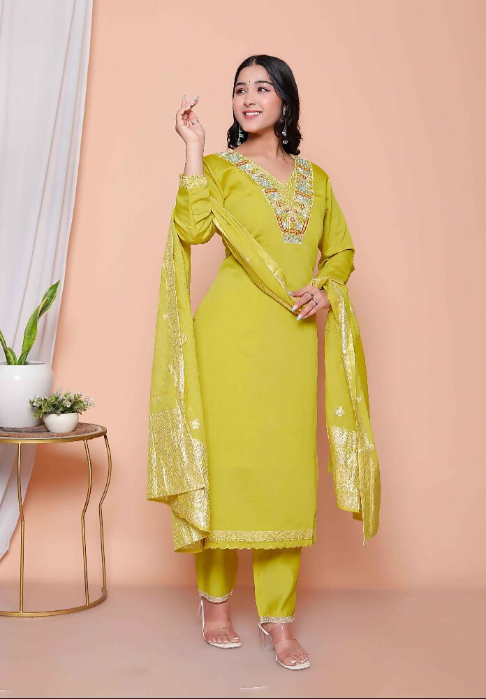 Miravan Womens Muslin Yellow Kurta And Palazzo With Dupatta Set