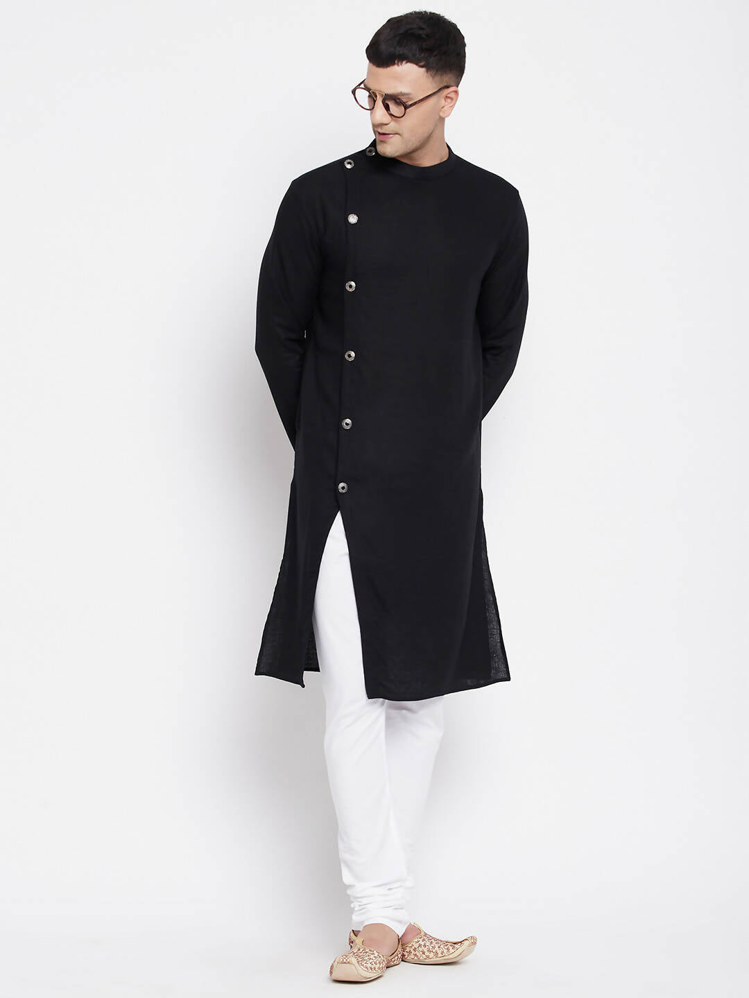 Even Apparels Black Pure Cotton Men's Sherwani Kurta With Asymetrical Cut 