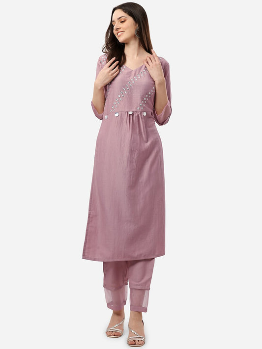 HERE&NOW Women Mauve Embroidered Pleated Mirror Work Kurta with Trousers