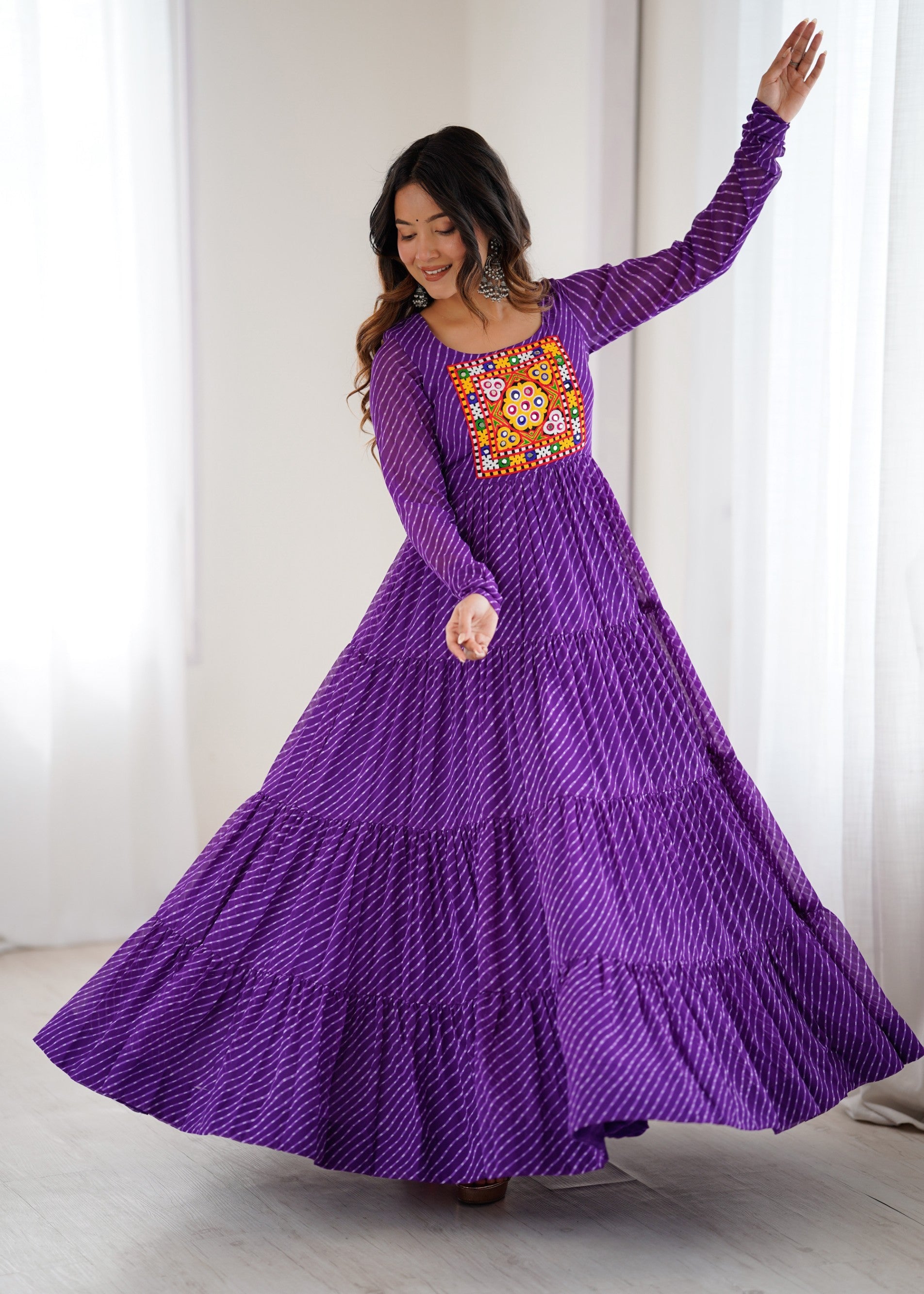 Lorenvalley Fashion Women Pure Soft Faux Georgette Leheriya Print Anarkali Gown