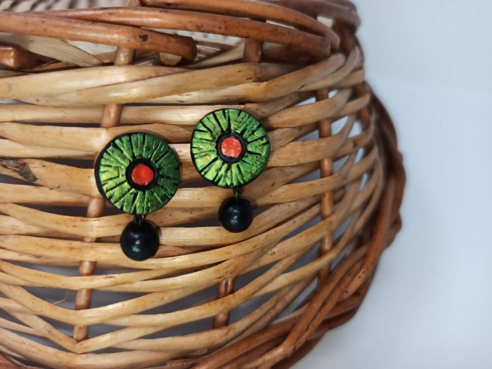 Terracotta Button Tops Ear Studs With Drops