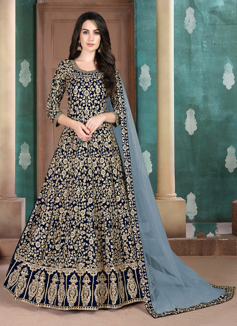 Monjolika Fashion Dark Blue Georgette Embroidered Salwar Kameez