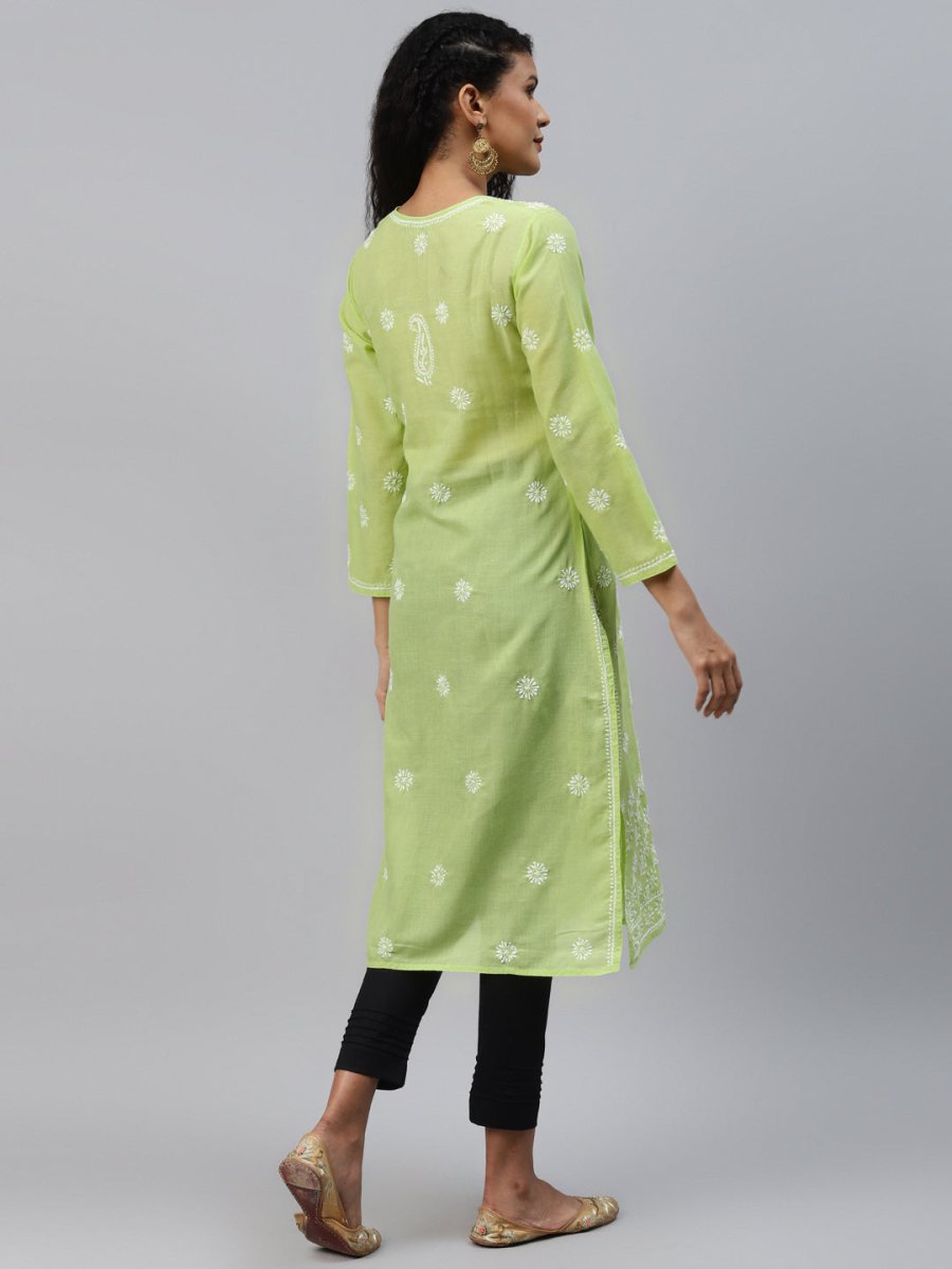 ADA Women Green & White Ethnic Motifs Chikankari Hand Embroidered Sustainable Kurta 