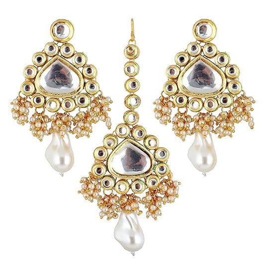 Tehzeeb Creations Meenakari Gold-Polished White color pentagon shape Uncut Kundan Combo Necklace Set Tehzeeb Creations