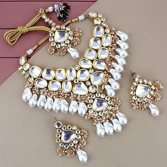Tehzeeb Creations Meenakari Gold-Polished White color pentagon shape Uncut Kundan Combo Necklace Set Tehzeeb Creations